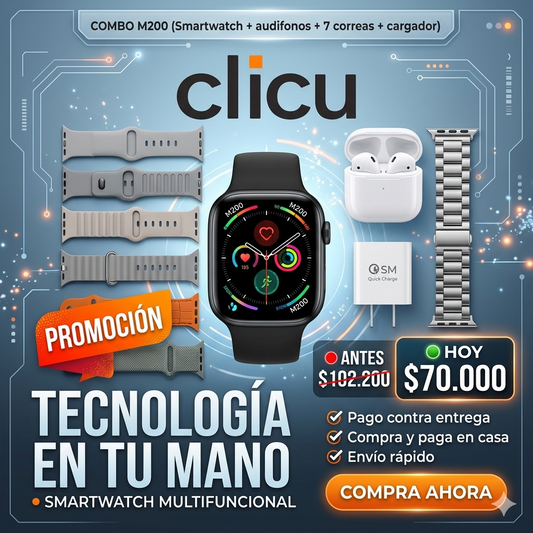 Combo M200 (Smartwatch + audifonos + 7 correas + cargador)